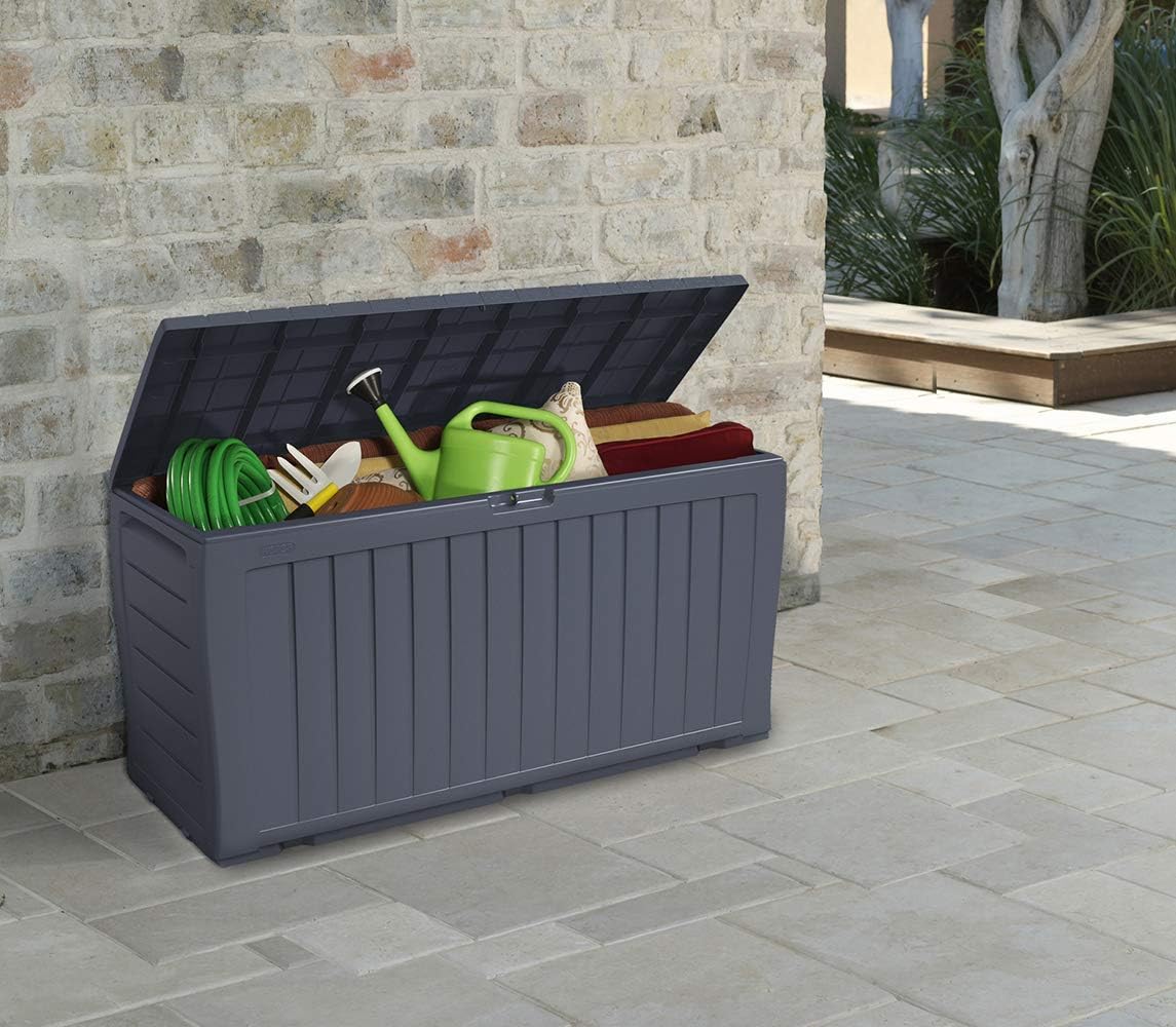 Keter Marvel Plus 71 Gallon Resin Outdoor Storage Box for Patio Furniture Cushions, Throw Pillows, Garden Tools and Pool Floats, Brown
