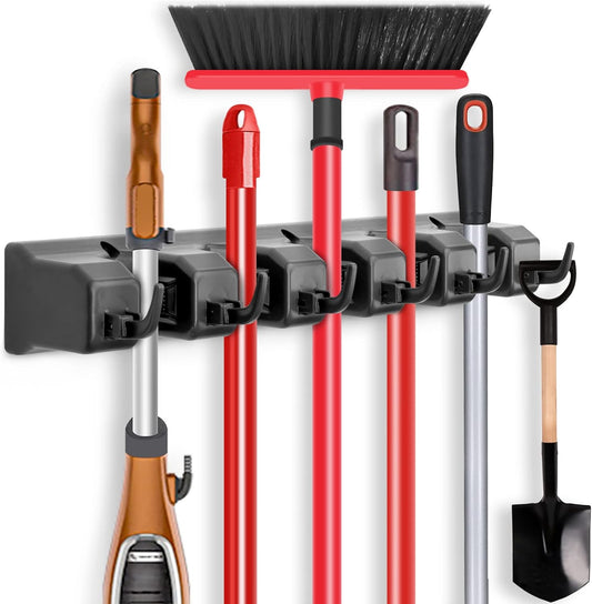 IMILLET 2 Pack Mop and Broom Holder, Wall Mounted Organizer Mop and Broom Storage Tool Rack with 5 Ball Slots and 6 Hooks (Black)