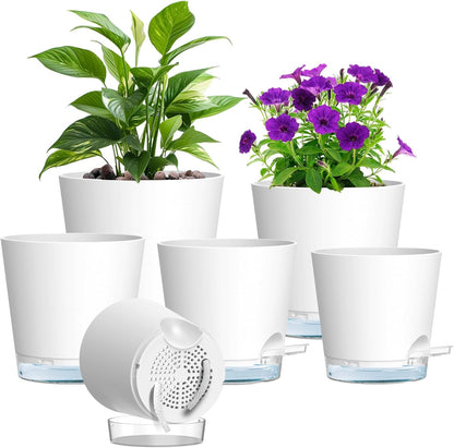 Meowell Self Watering Pots Pack of 6 – Different Size 4" to 7" Indoor Plant Pots with Drainage Holes and Clear Reservoir for Visible Water Level, Plastic Wicking Planters for House Plants, White