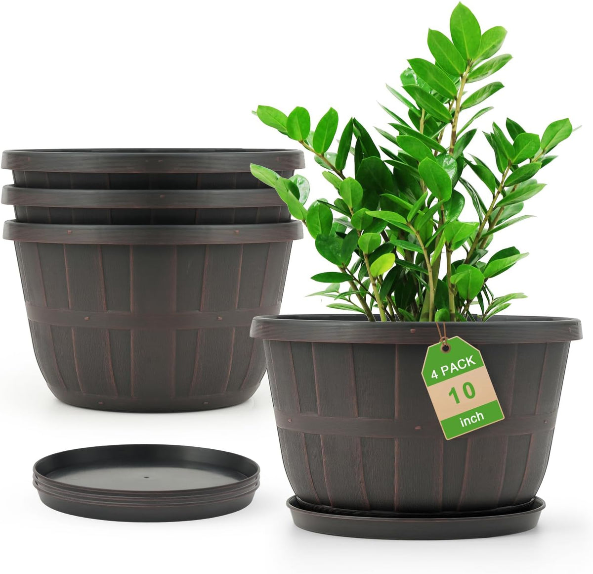 Quarut 14 Inch Plastic-Flower-Pot-for-Indoor-Plants, 4 Pack Large Outdoor Planter Pot with Drainage Holes & Saucers, Resin Decorative Garden Pots Planters（Brown）