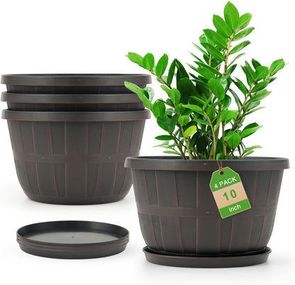 Quarut 14 Inch Plastic-Flower-Pot-for-Indoor-Plants, 4 Pack Large Outdoor Planter Pot with Drainage Holes & Saucers, Resin Decorative Garden Pots Planters（Brown）