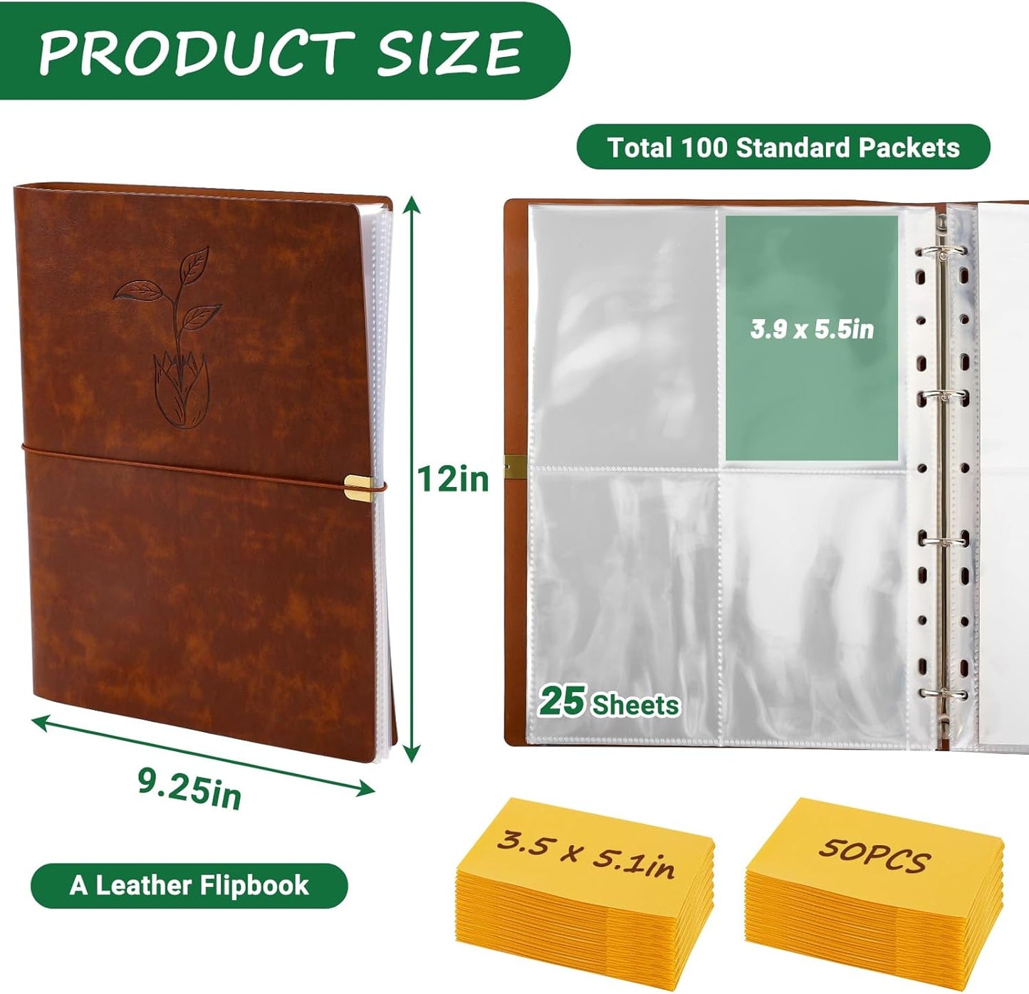 Seed Packet Organizer Binder, Garden Planner Packet with 25 Pack Clear Pocket Sleeves(Slot 3.9" x 5.5") 50Pcs Seed Storage Envelopes, Fit for Standard Seed Packets