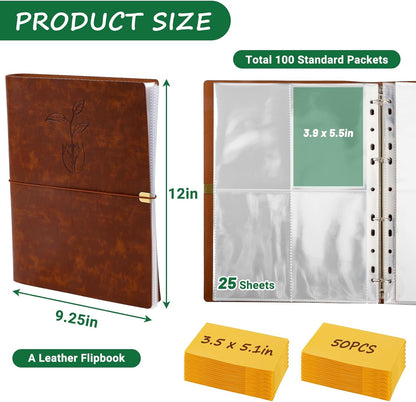 Seed Packet Organizer Binder, Garden Planner Packet with 25 Pack Clear Pocket Sleeves(Slot 3.9" x 5.5") 50Pcs Seed Storage Envelopes, Fit for Standard Seed Packets