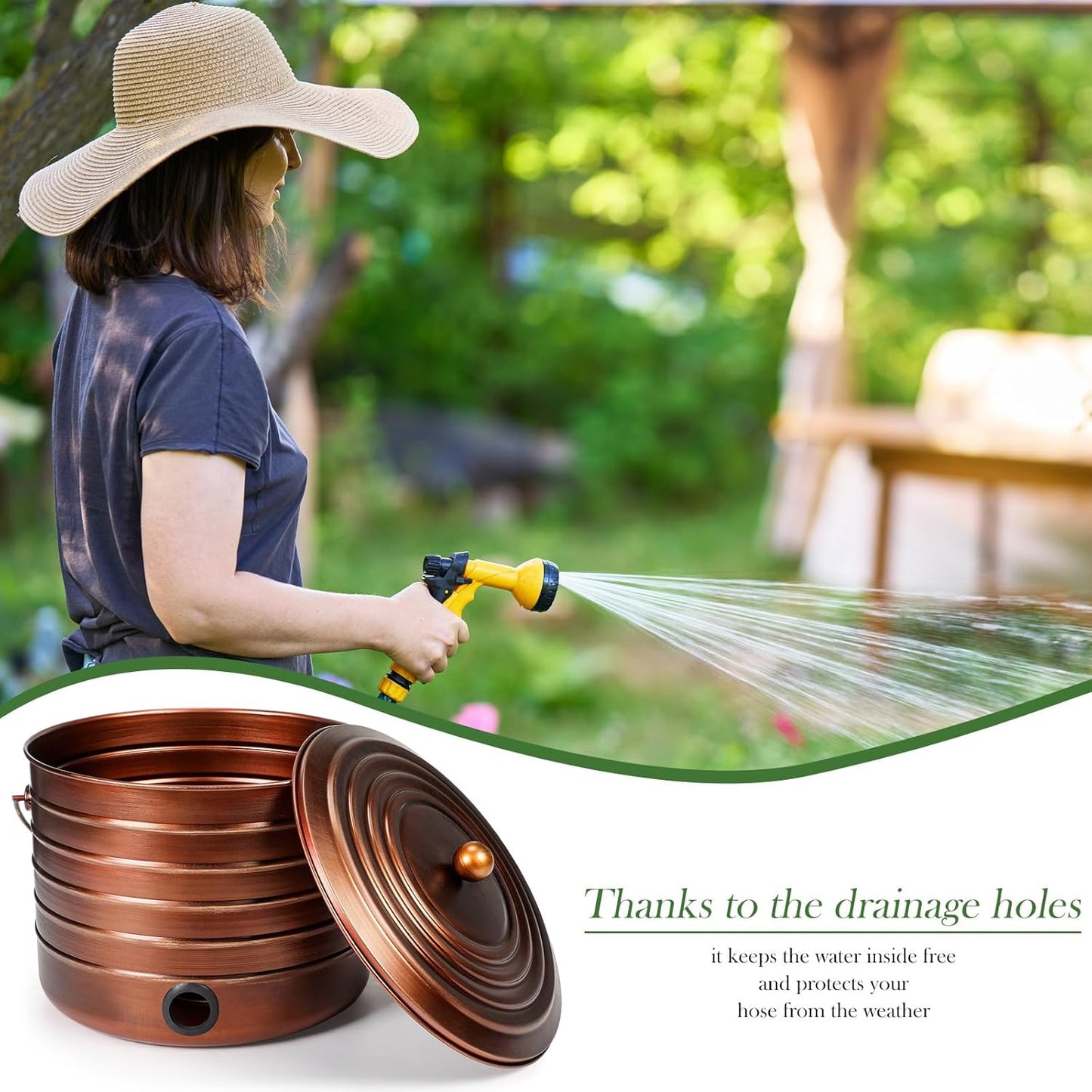 FillTouch Garden Hose Pot with Lid and Handle, Matte Black Ribbed Steel Garden Hose Holder Water Hose Storage Container for Outside Backyard Patio, Holds 100ft Hose