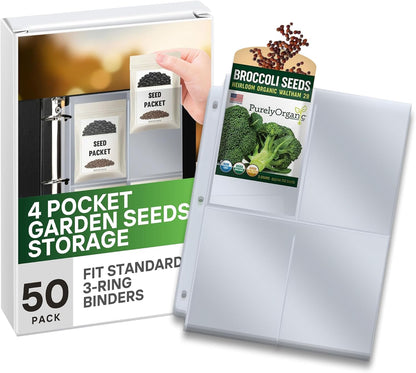 Seed Storage Organizer Sleeves, 100 Pockets (25 Pack) 3.5x5, Heavy Duty Polypropylene, Top Loading 4 Pocket Seed Packet Organizer Pages for 3 Ring Binder, Archival Safe - Performore