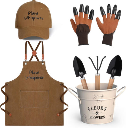 Tarpop Garden Tool Set Christmas Plant Whisperer Gardening Gifts for Women, 7 Pcs Vegetable Planting Tool Kit Cap Canvas Apron Gloves Soil Scoop Transplant Trowel Cultivator Flower Tub(Green)