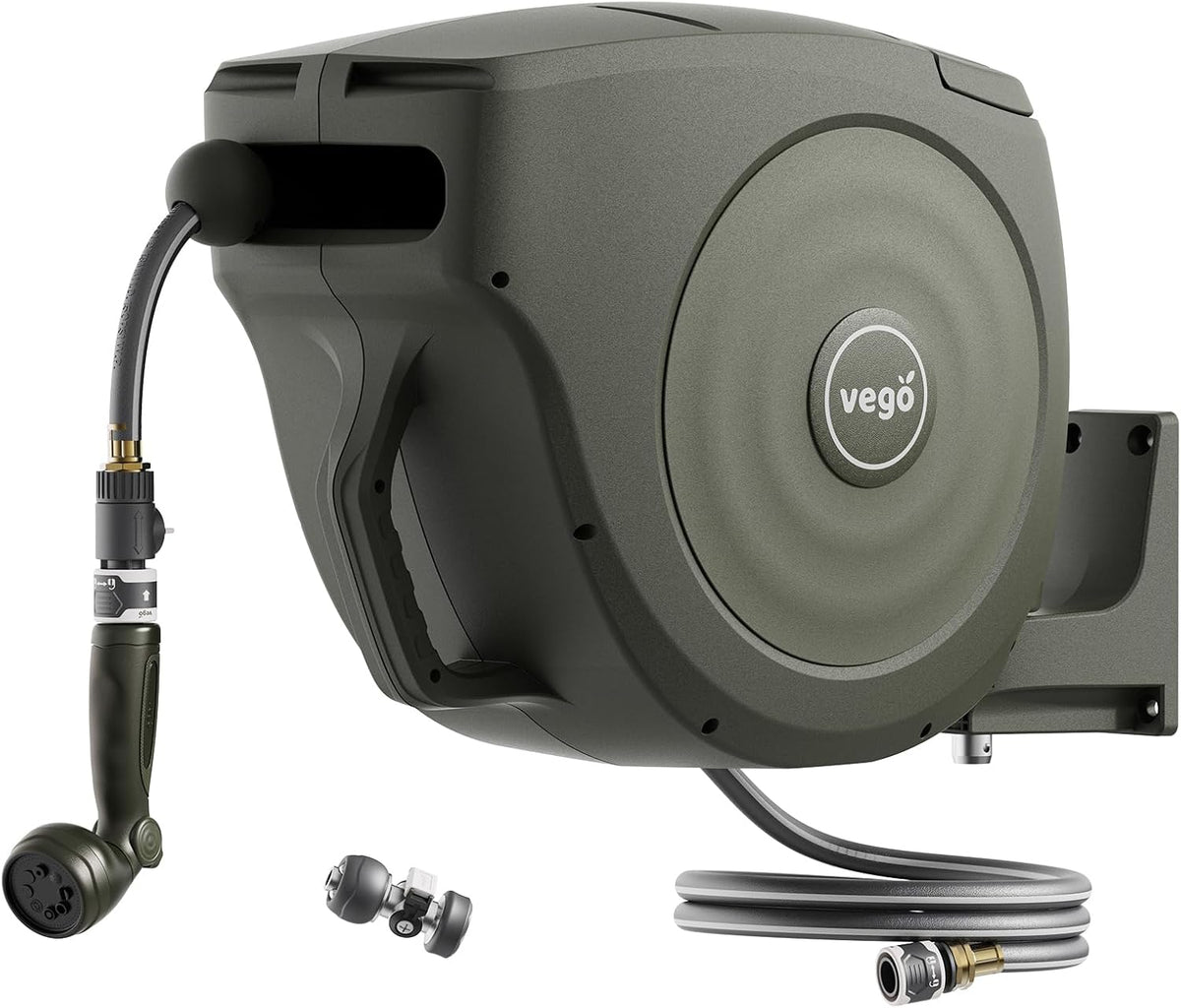Vego Garden Hose Reel Retractable Hi-Flow Wall Mounted Hose Reel Automatic Rewind, Any Length Lock with 9 Patterns Sprayer Nozzle, Quick Connector and Adjustable shot Nozzle (Seaweed Green, 100ft)