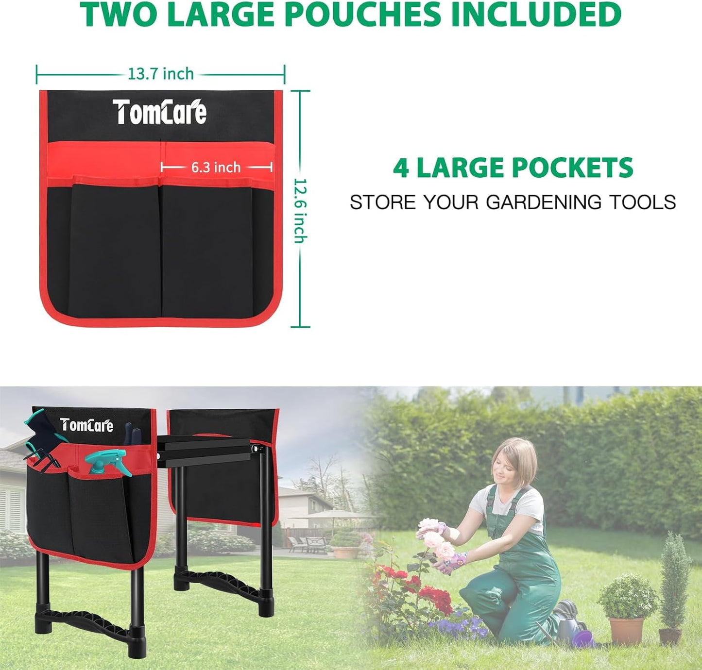 TomCare Garden Kneeler and Seat 10.64” Wider Larger Soft Kneeling Pad Garden Bench with 2 Large Tool Pouches Heavy Duty Garden Stool Foldable Tools Gardening Gifts for Women Men Gardeners