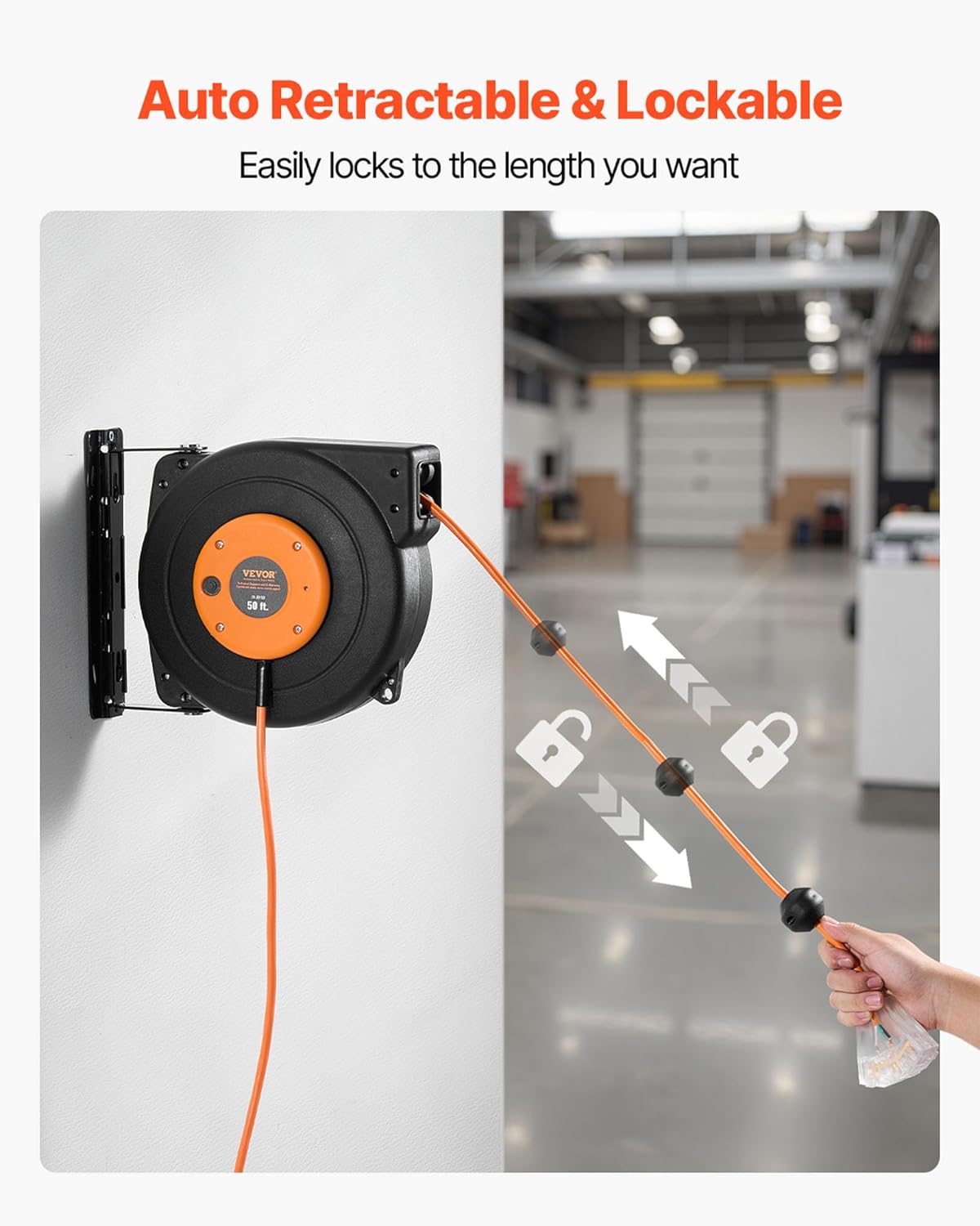 65FT Retractable Extension Cord Reel, Heavy Duty 12AWG/3C SJTOW Cord