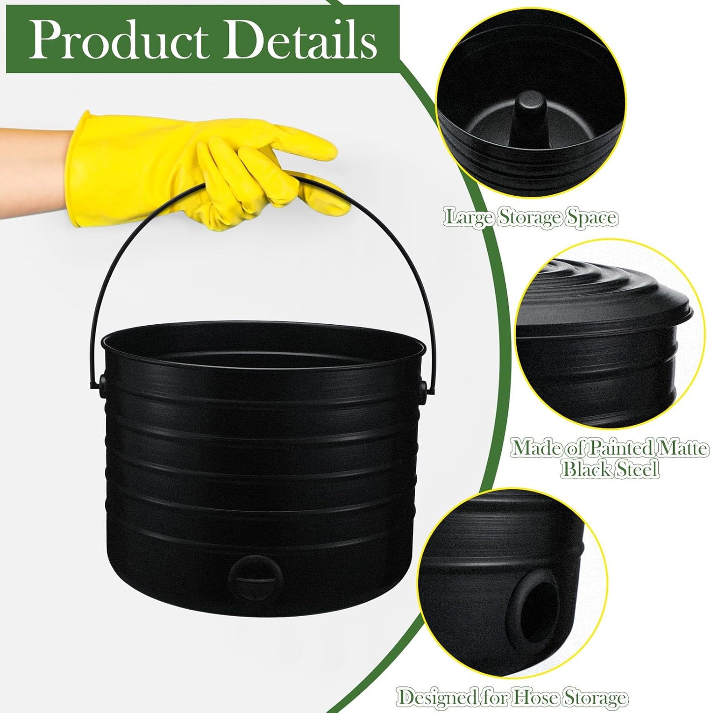FillTouch Garden Hose Pot with Lid and Handle, Matte Black Ribbed Steel Garden Hose Holder Water Hose Storage Container for Outside Backyard Patio, Holds 100ft Hose