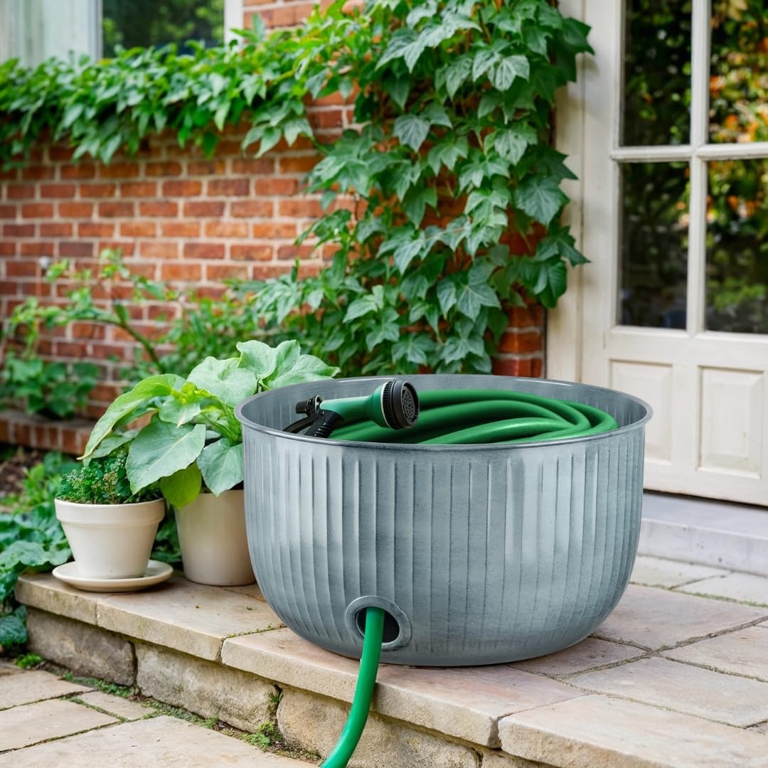 Monarch Abode Garden Hose Holder with Lid – Decorative Water Hose Holders for Outside, Ridge Embossed Metal Matte Black Pot with Drainage, 100ft Waterhose Holder for Outside, Garden Storage Caddy