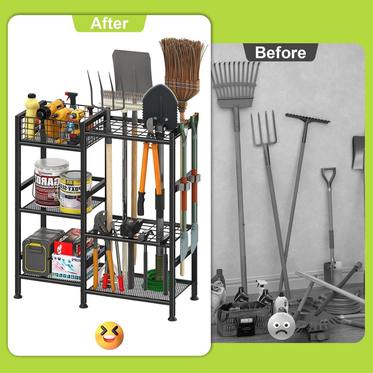 keomaisyto Garden Tool Organizer, Heavy Duty Yard Tool Tower Rack for Garage Organization and Storage, 3 Tier Utility Garden Tool Rack with hooks for Garden/Shed/Garage/Yard/Basement/Lawn