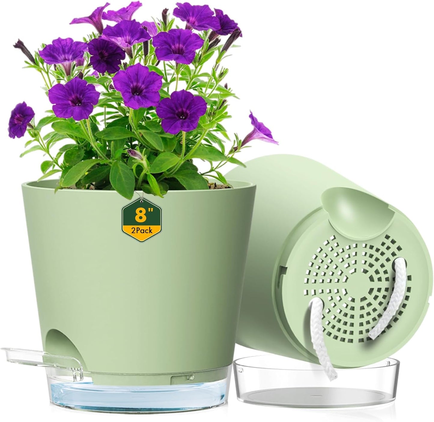 Meowell Self Watering Pots Pack of 6 – Different Size 4" to 7" Indoor Plant Pots with Drainage Holes and Clear Reservoir for Visible Water Level, Plastic Wicking Planters for House Plants, White