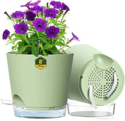 Meowell Self Watering Pots Pack of 6 – Different Size 4" to 7" Indoor Plant Pots with Drainage Holes and Clear Reservoir for Visible Water Level, Plastic Wicking Planters for House Plants, White