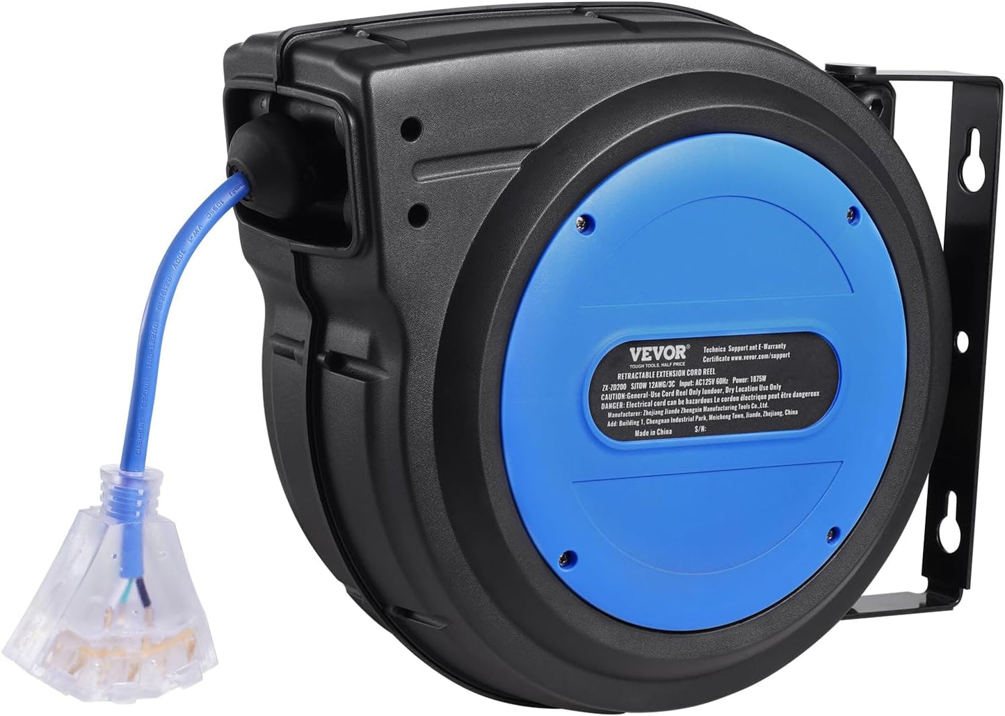 65FT Retractable Extension Cord Reel, Heavy Duty 12AWG/3C SJTOW Cord