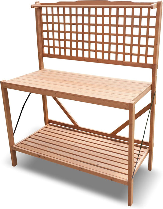 Northbeam Foldable Potting Bench Table - 2-Tier Storage Shelves - Wooden with Large Working Surface, All-Weather Garden Table Work Station with Sliding Tabletop, Perfect for Balcony, Garden, Backyard