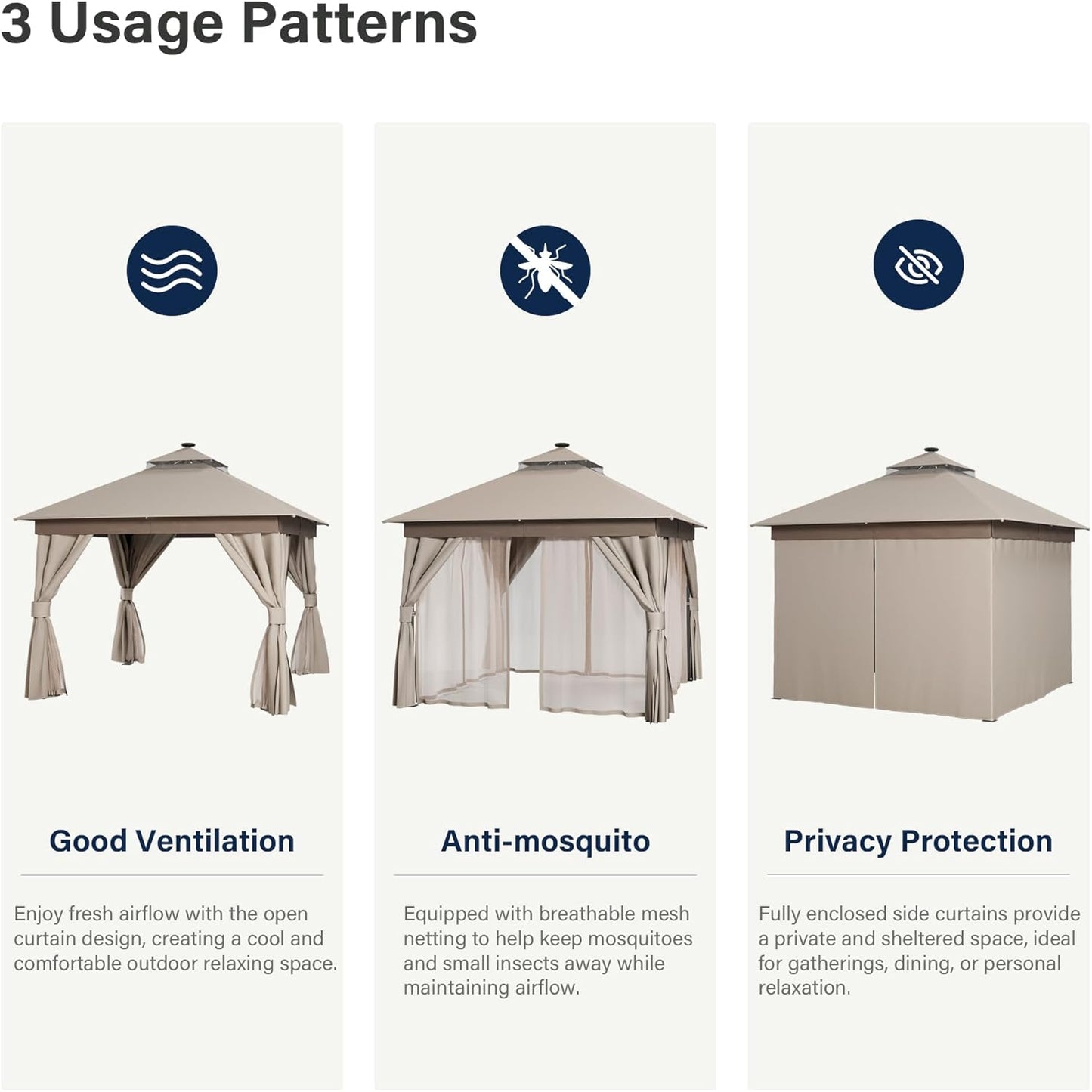 10x20 Gazebo Canopy with 100FT String Lights, Metal Heavy Duty Patio Canopy Tent with Double Roofs, Mosquito Nettings and Privacy Screens for Backyard, Garden, Lawn, Gray