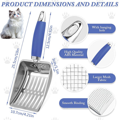 Cat Litter Scoop - Long Handle Scooper, Rustproof Stainless Steel Mesh, Non-Slip Grip, Deep Shovel Sifter for All Litter Types, Easy Clean Kitty Waste Litter for Litter Box(Black)