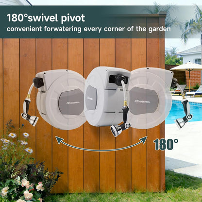 100 FT x 1/2" Retractable Garden Hose Reel by HOZEREEL, Decorative Outdoor Garden Hose Reels - Automatic Self Retract Wall Mount Hose Reel Enclosed Storage, Any Length Lock, 10 Pattern Nozzle Black