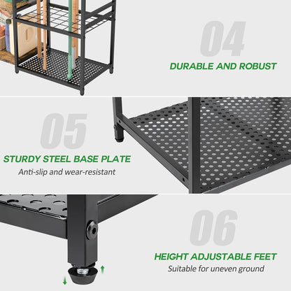 DAOUTIME Garden Organizer With Wheels, Yard Tower Rack for Garage Storage, Up to 35 Long-Handled Tools, Sturdy Metal Steel Holder With 3 Hooks, Outdoor, Black