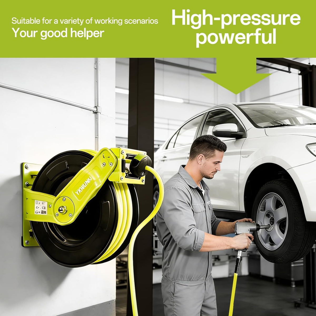 Retractable Garden Hose Reel, 50 FT Hi-Vis Neon Green Hybrid Hose, 300 PSI Heavy Duty Steel Reel, Auto Rewind, Wall Mount, for Lawn & Yard Gardening, 1/4" NPT