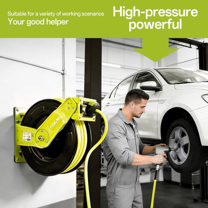 Retractable Garden Hose Reel, 50 FT Hi-Vis Neon Green Hybrid Hose, 300 PSI Heavy Duty Steel Reel, Auto Rewind, Wall Mount, for Lawn & Yard Gardening, 1/4" NPT