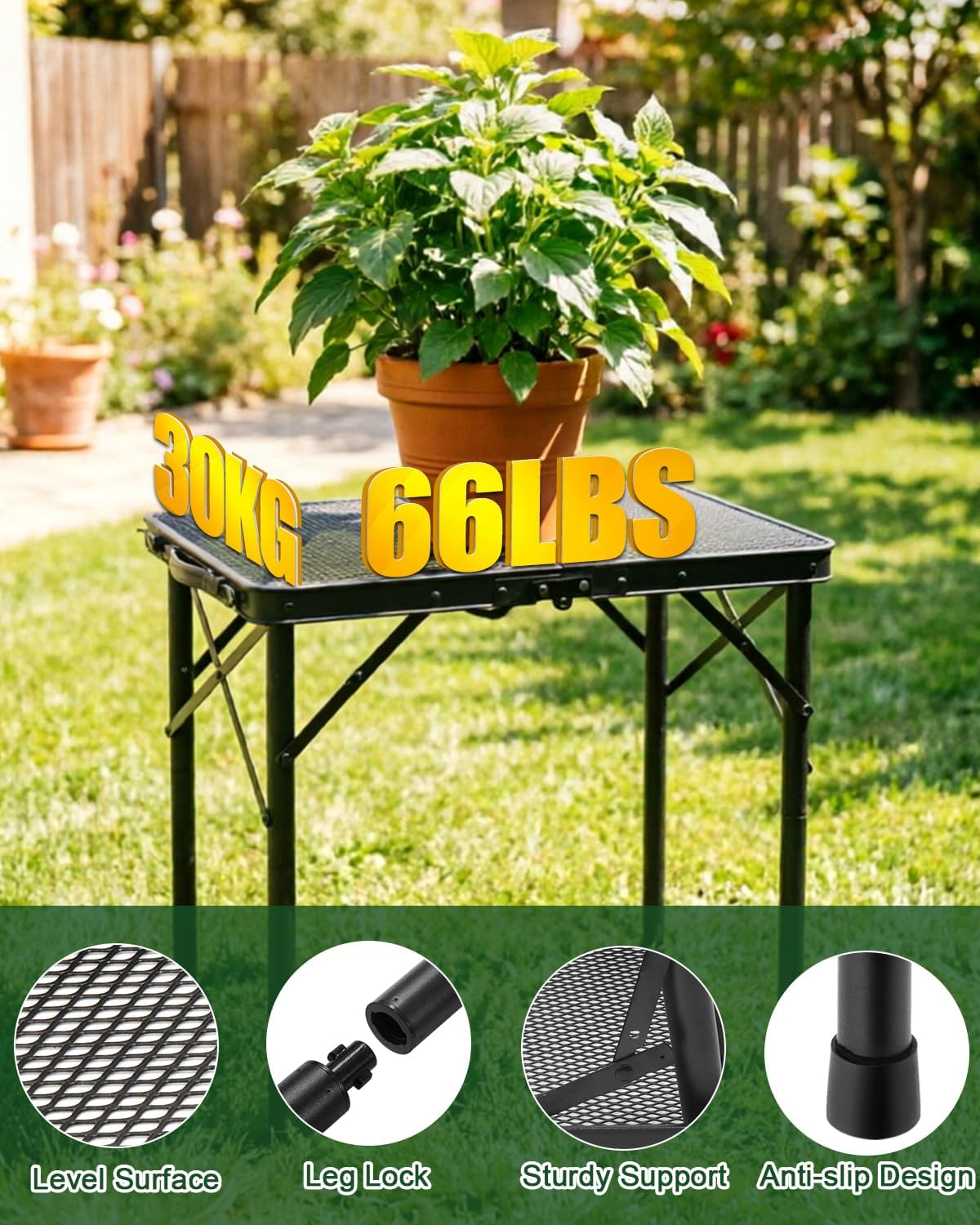 2Ft Small Folding Table with Carry Handle, Camping Table Adjustable Height 10.6–22 in, Black Metal Mesh, Portable & Compact for Outdoor/Indoor,Grill Table, 23.6×15.8 in, 4 lb, 66 lb Capacity