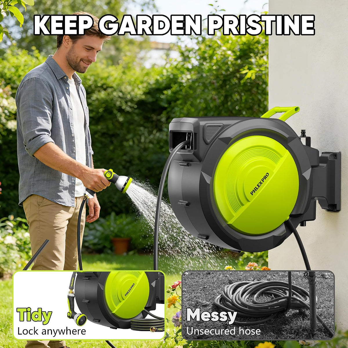 75 FT 5/8" Retractable Garden Hose Reel, Wall Mount