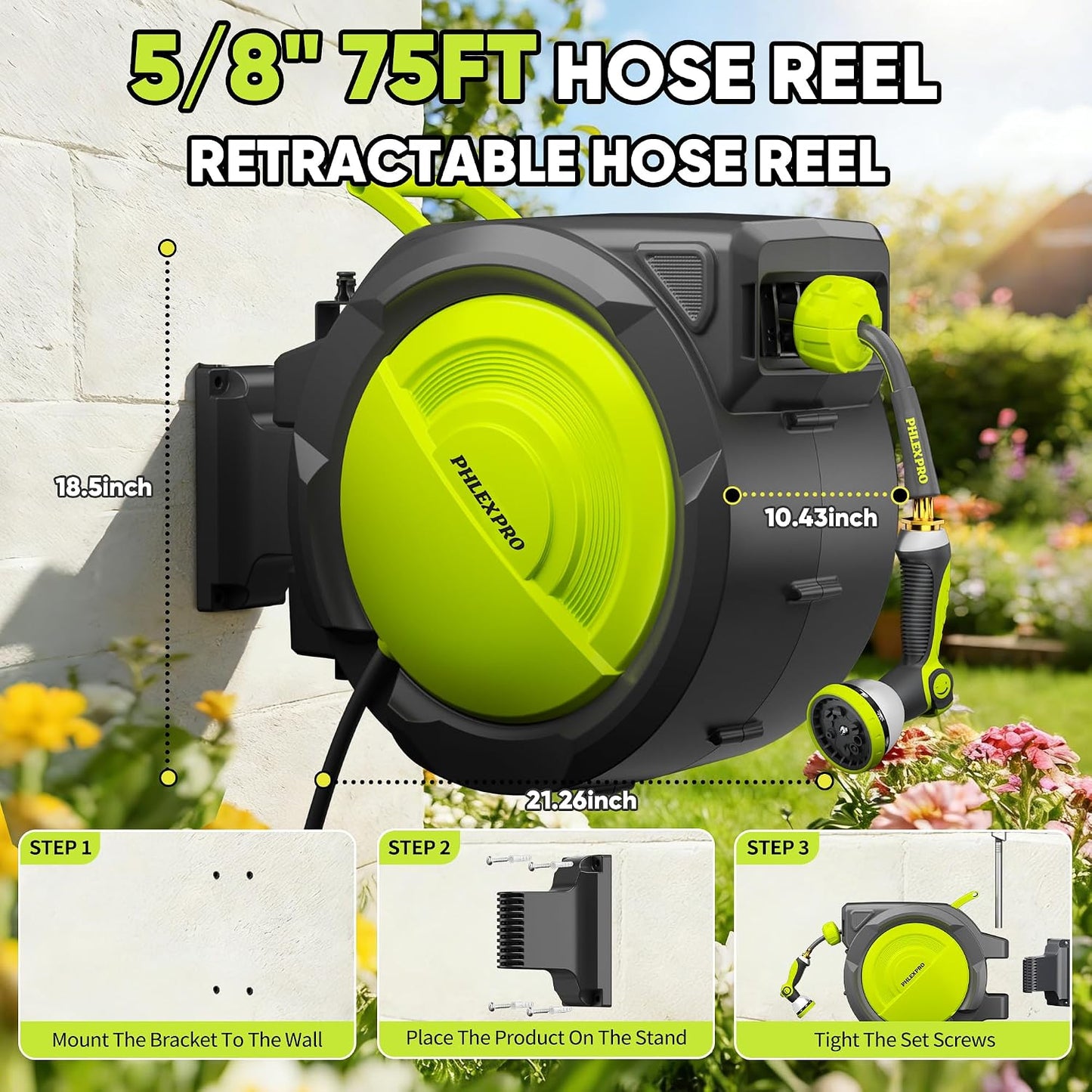 75 FT 5/8" Retractable Garden Hose Reel, Wall Mount