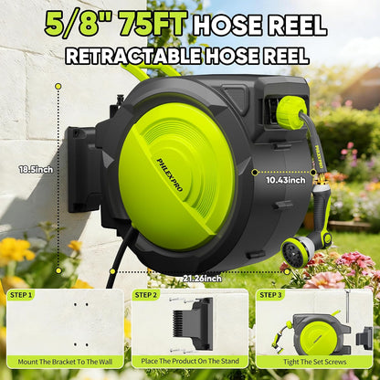 75 FT 5/8" Retractable Garden Hose Reel, Wall Mount