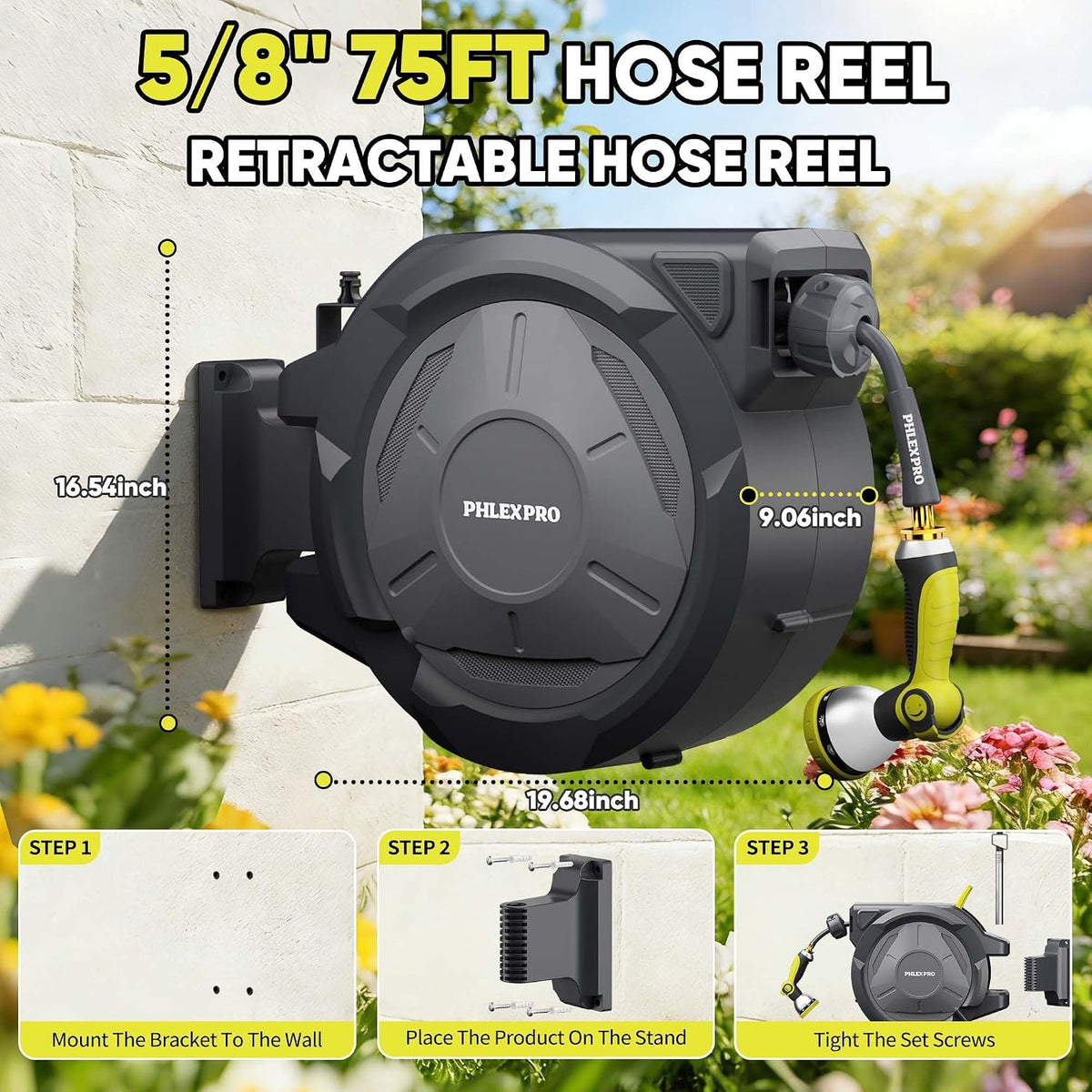75 FT 5/8" Retractable Garden Hose Reel, Wall Mount