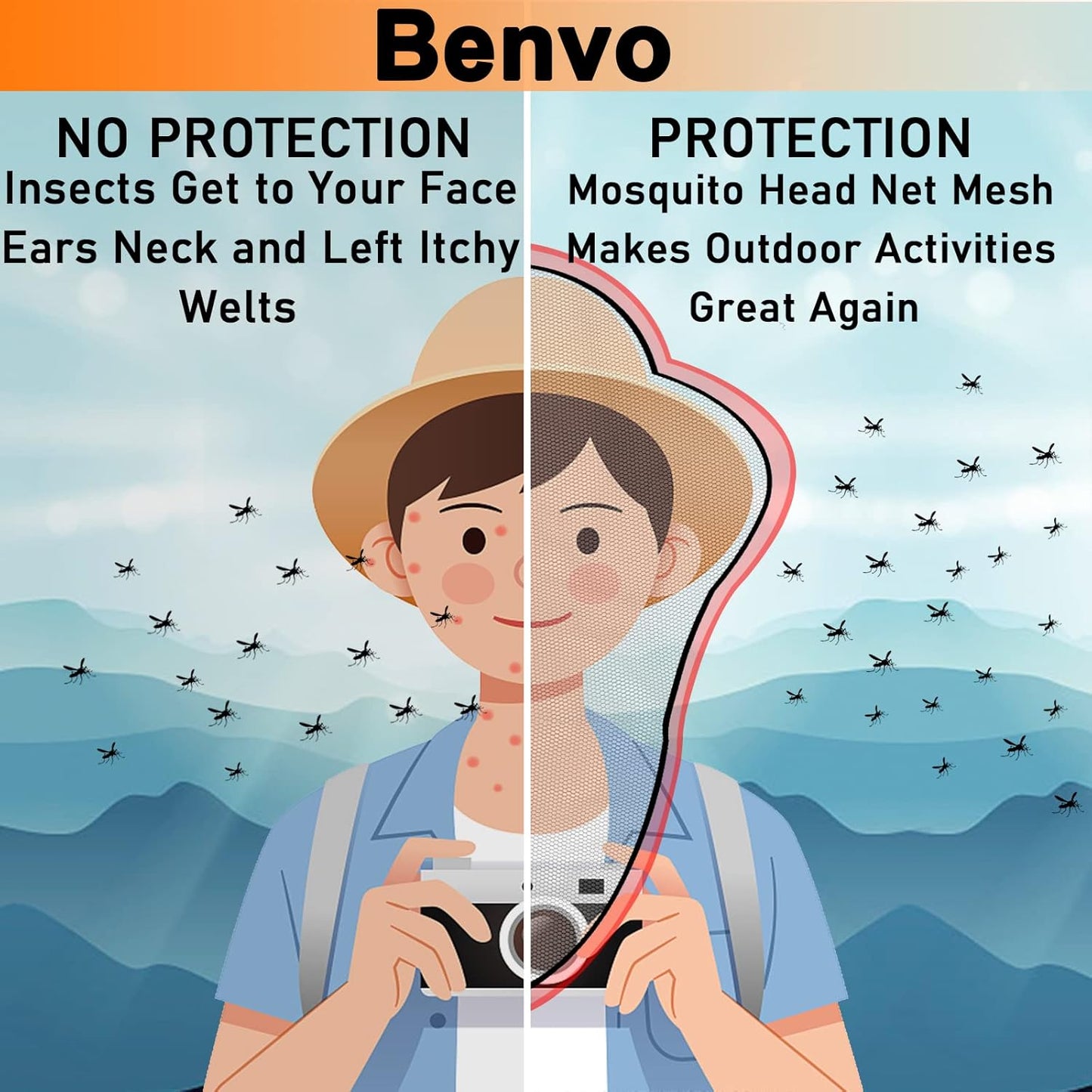 Benvo Mosquito Head Net Mesh, Face Neck Fly Netting Hood from Bugs Gnats Noseeums Screen Net for Any Outdoor Lover- with Carry Bags Fits Most Sizes of Hats Caps (2pcs, Black, Updated Big Net)
