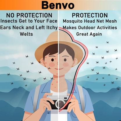 Benvo Mosquito Head Net Mesh, Face Neck Fly Netting Hood from Bugs Gnats Noseeums Screen Net for Any Outdoor Lover- with Carry Bags Fits Most Sizes of Hats Caps (2pcs, Black, Updated Big Net)