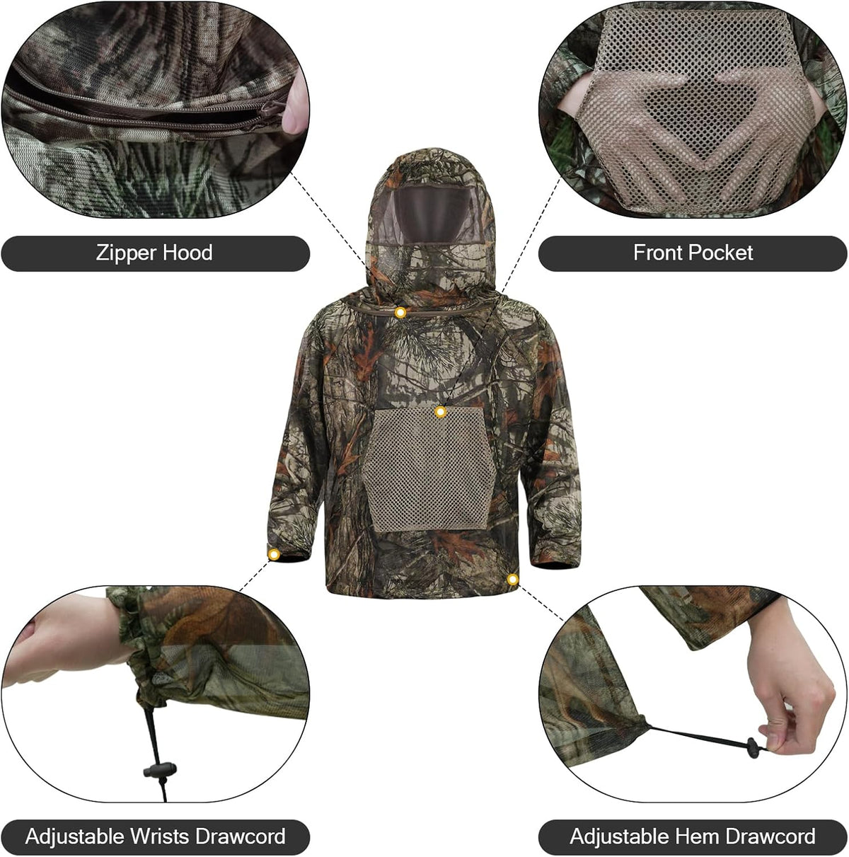 Mosquito Netting Suit Bug Net Mesh Clothing with Hood Outdoor Garden Hunting Camo Protection from Fly Insects Bugs