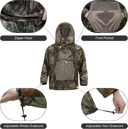 Mosquito Netting Suit Bug Net Mesh Clothing with Hood Outdoor Garden Hunting Camo Protection from Fly Insects Bugs