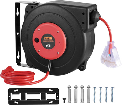 65FT Retractable Extension Cord Reel, Heavy Duty 12AWG/3C SJTOW Cord