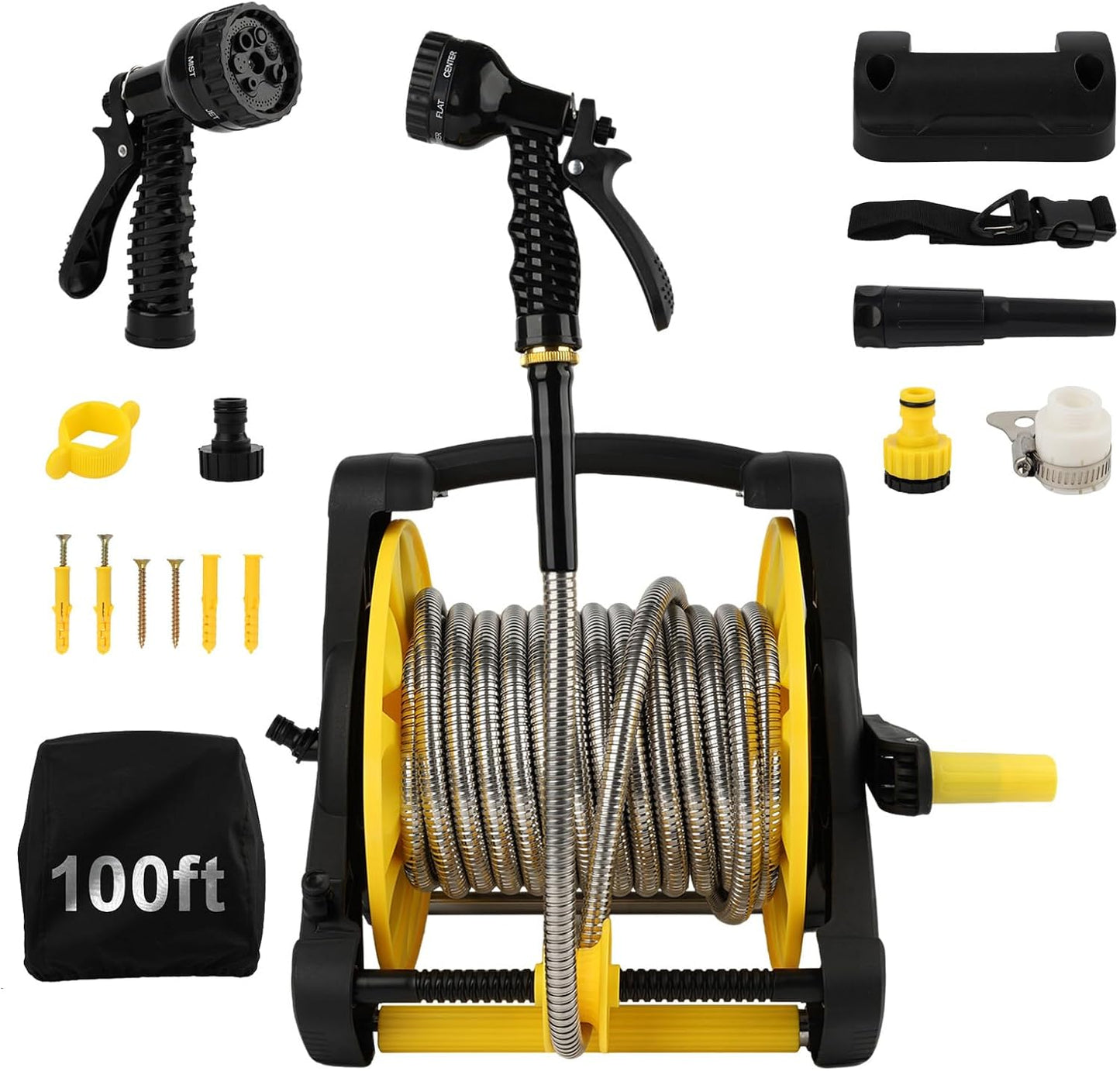 Retractable Garden Hose Reel, Heavy Duty Stainless Steel Water Hose,Male to Female Fittings, Easy to Use and Store, Strong and Sturdy, Suitable for Yard and Lawn (100FT)