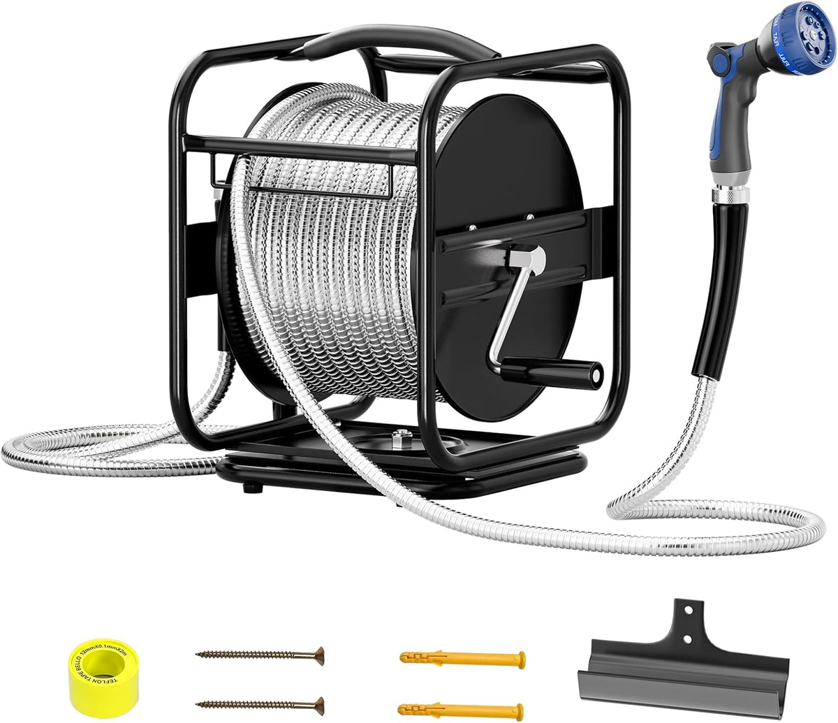 100ft Retractable Garden Hose Reel, Wall Mounted Metal Garden Hose Reel, Heavy Duty Stainless Steel Hose Reel with 9-Pattern Nozzle for Outside, Portable & 360° Rotation Frame