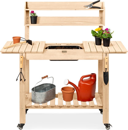 Best Choice Products Mobile Garden Potting Bench, Outdoor Wood Workstation Table w/Sliding Tabletop, 4 Locking Wheels, Food Grade Dry Sink, Storage Shelves - Sage Green