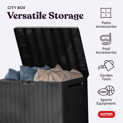 Keter City 30 Gallon Resin Outdoor Storage Box and Patio Furniture Side Table for Pool and Garden Accessories, Brown