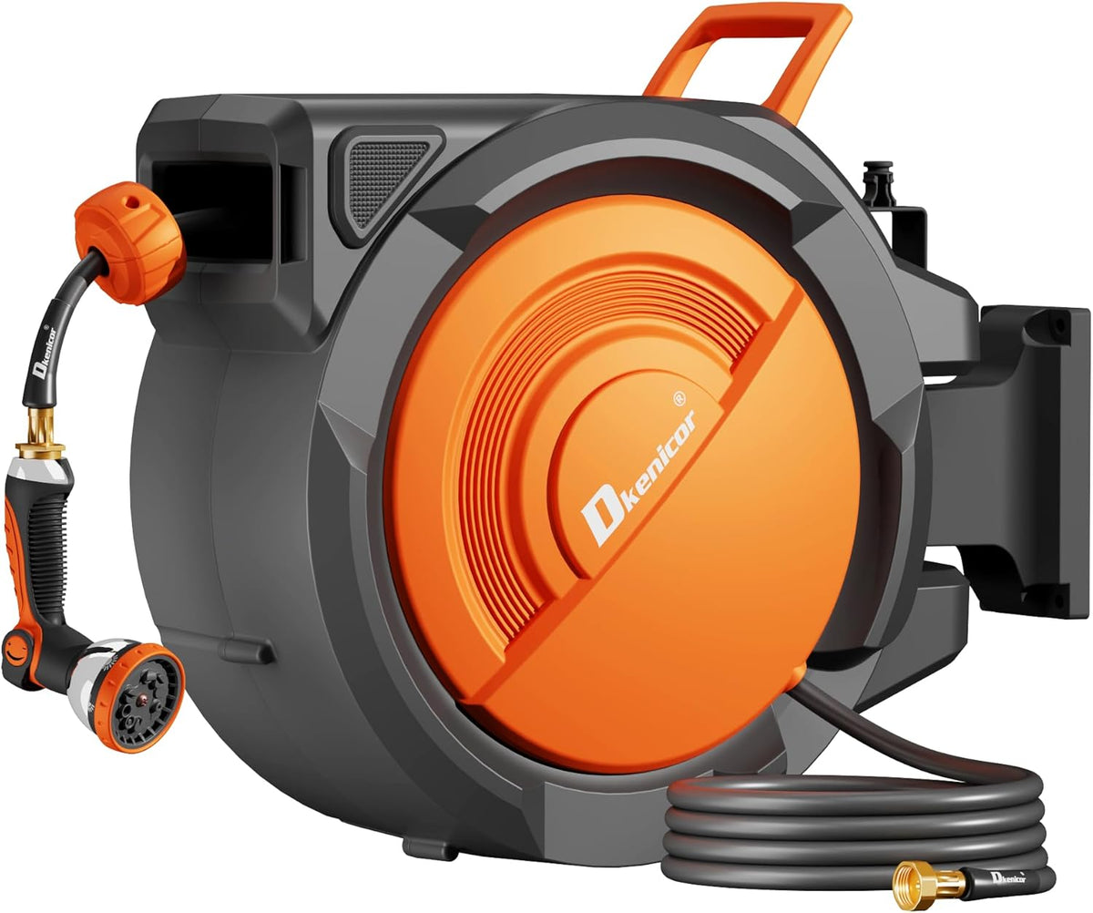 5/8" × 110 ft Retractable Hose Reel, Heavy Duty Retractable Garden Hose Reel Wall Mounted with 10-Pattern Hose Nozzle/Any Length Lock/Slow Return System/180°Swivel Bracket