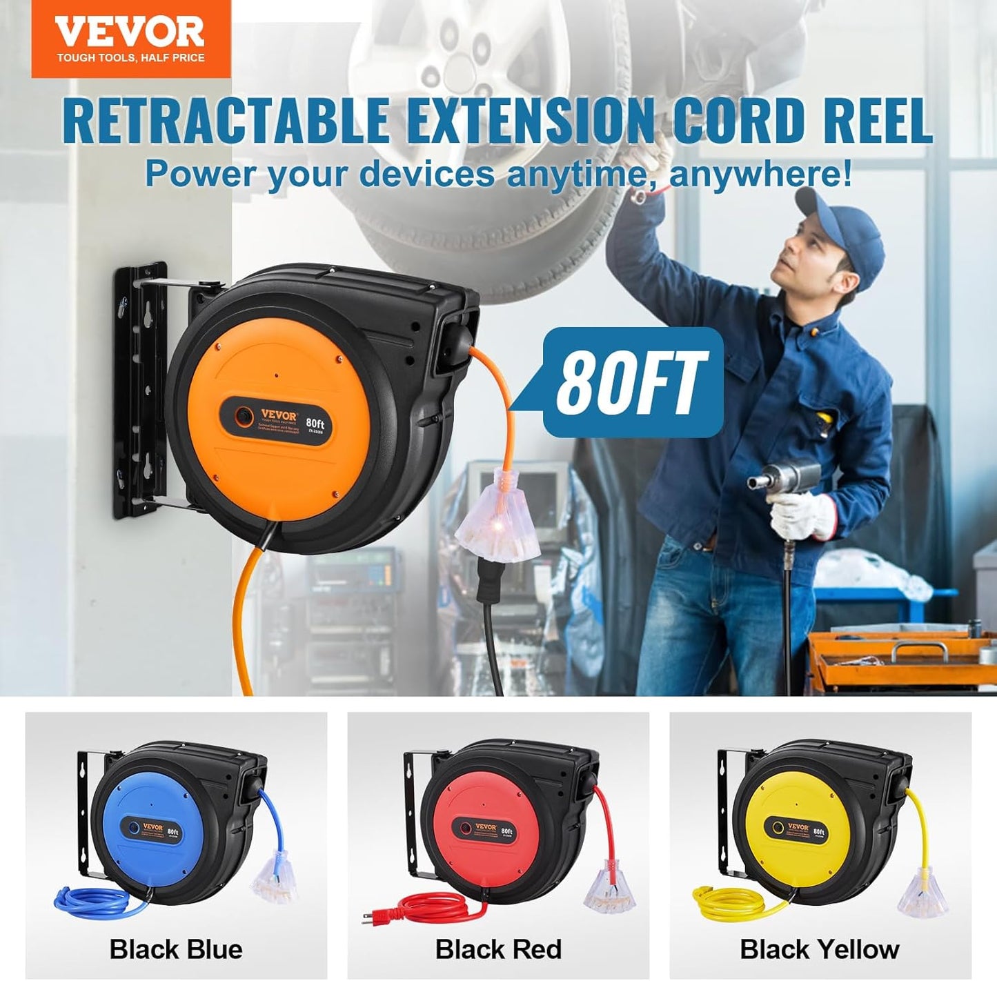 65FT Retractable Extension Cord Reel, Heavy Duty 12AWG/3C SJTOW Cord