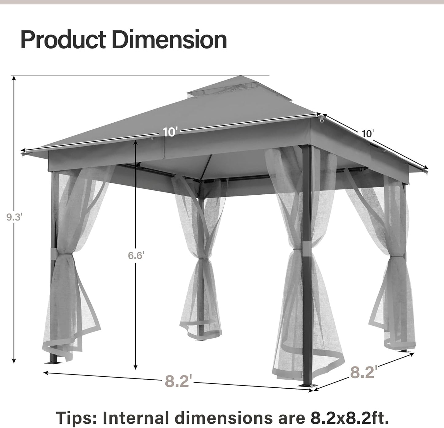10x20 Gazebo Canopy with 100FT String Lights, Metal Heavy Duty Patio Canopy Tent with Double Roofs, Mosquito Nettings and Privacy Screens for Backyard, Garden, Lawn, Gray