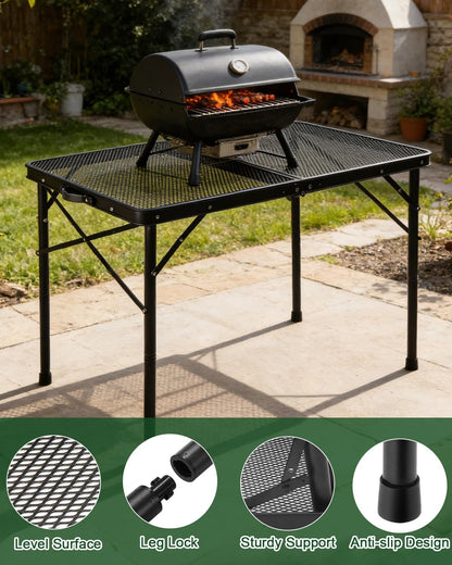 2Ft Small Folding Table with Carry Handle, Camping Table Adjustable Height 10.6–22 in, Black Metal Mesh, Portable & Compact for Outdoor/Indoor,Grill Table, 23.6×15.8 in, 4 lb, 66 lb Capacity