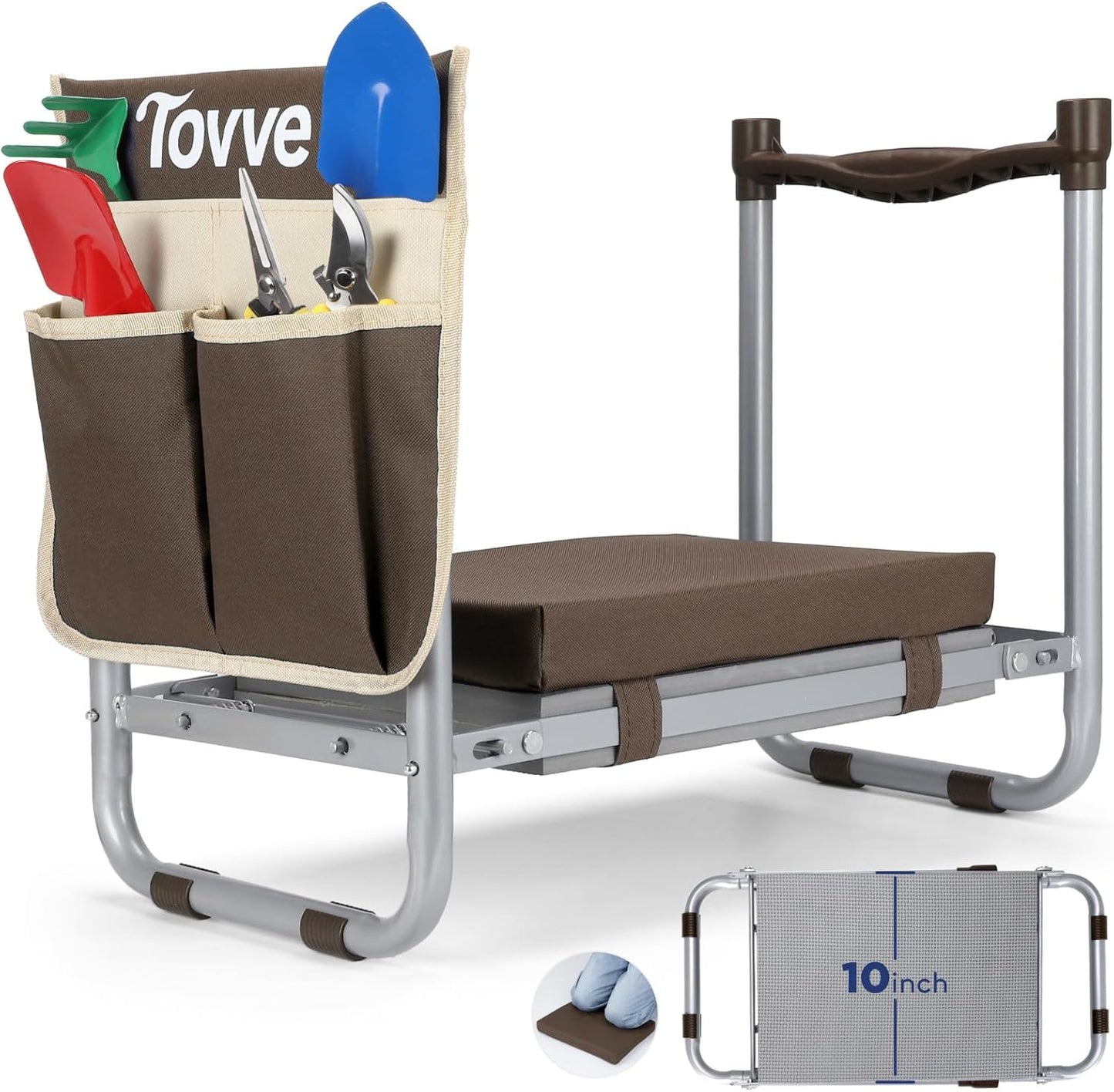 Tovve Foldable Garden Kneeler and Seat, Heavy Duty Garden Stool with 10" Wide Detachable Kneeling Pad, Portable Garden Bench Chair with Large Garden Tool Bag, Gardening Gifts for Women, Seniors, Mom