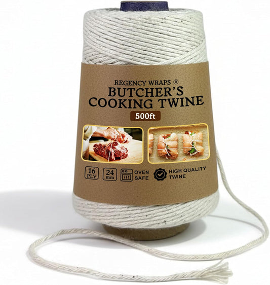 Regency Wraps Butchers Cooking Twine on Holder with Cutter, Heavy Duty, 500ft, 16 Ply, 2.4mm Food-Safe Cotton Kitchen String for Turkey Trussing, Meat Prep, Crafting