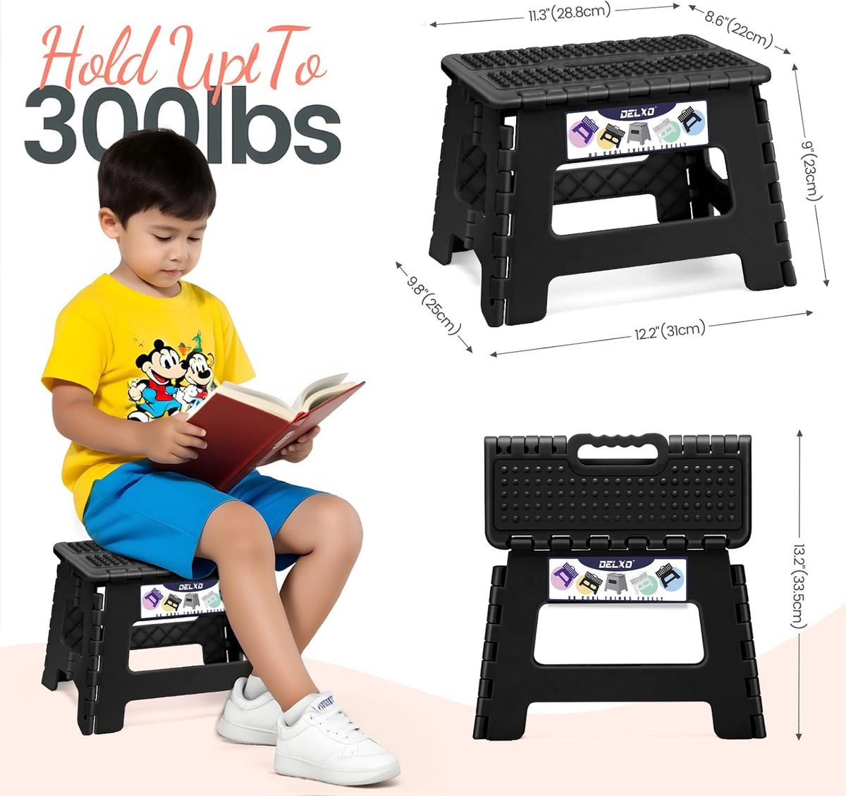 Folding Step Stool 13 Inch,300 Lbs Step Stool for Adults Black