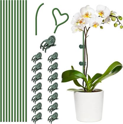 10 Pack 15.7" Plant Support Stakes with 15 Clips, Green Bendable Orchid Stakes for Indoor Outdoor Plants, Plastic Coated Plant Sticks Support for Potted Flowers, Vines, Roses, Tall Stem Plants
