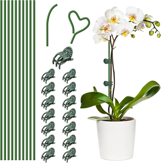 10 Pack 15.7" Plant Support Stakes with 15 Clips, Green Bendable Orchid Stakes for Indoor Outdoor Plants, Plastic Coated Plant Sticks Support for Potted Flowers, Vines, Roses, Tall Stem Plants