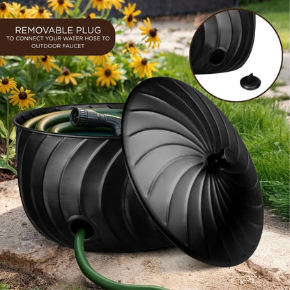 Monarch Abode Garden Hose Holder with Lid – Decorative Water Hose Holders for Outside, Wave Embossed Metal Matte Black Pot with Drainage, 100ft Waterhose Holder for Outside, Garden Storage Caddy